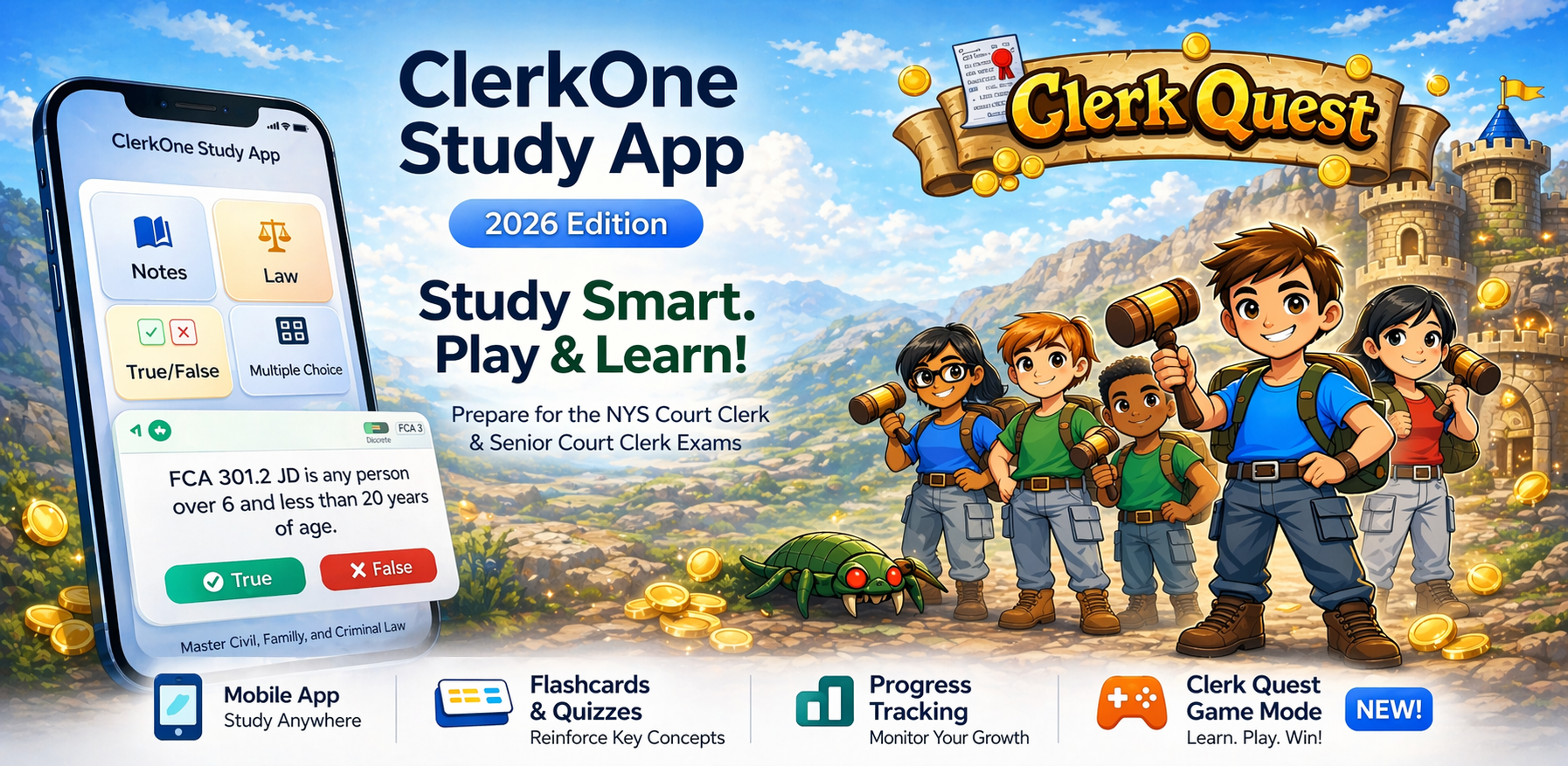 ClerkOne Study App and Clerk Quest feature graphic